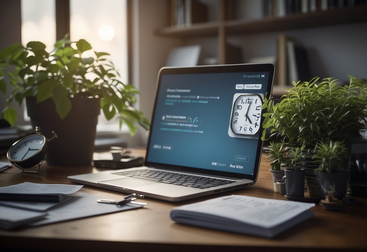 A cluttered desk with a laptop, overflowing inbox, and scattered papers. A clock on the wall shows late hours. A neglected potted plant wilts in the corner