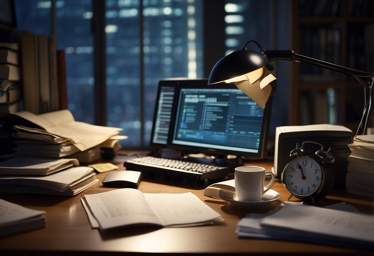 A cluttered desk with a computer, scattered papers, and a clock showing late hours. A person slumped in their chair, rubbing their tired eyes