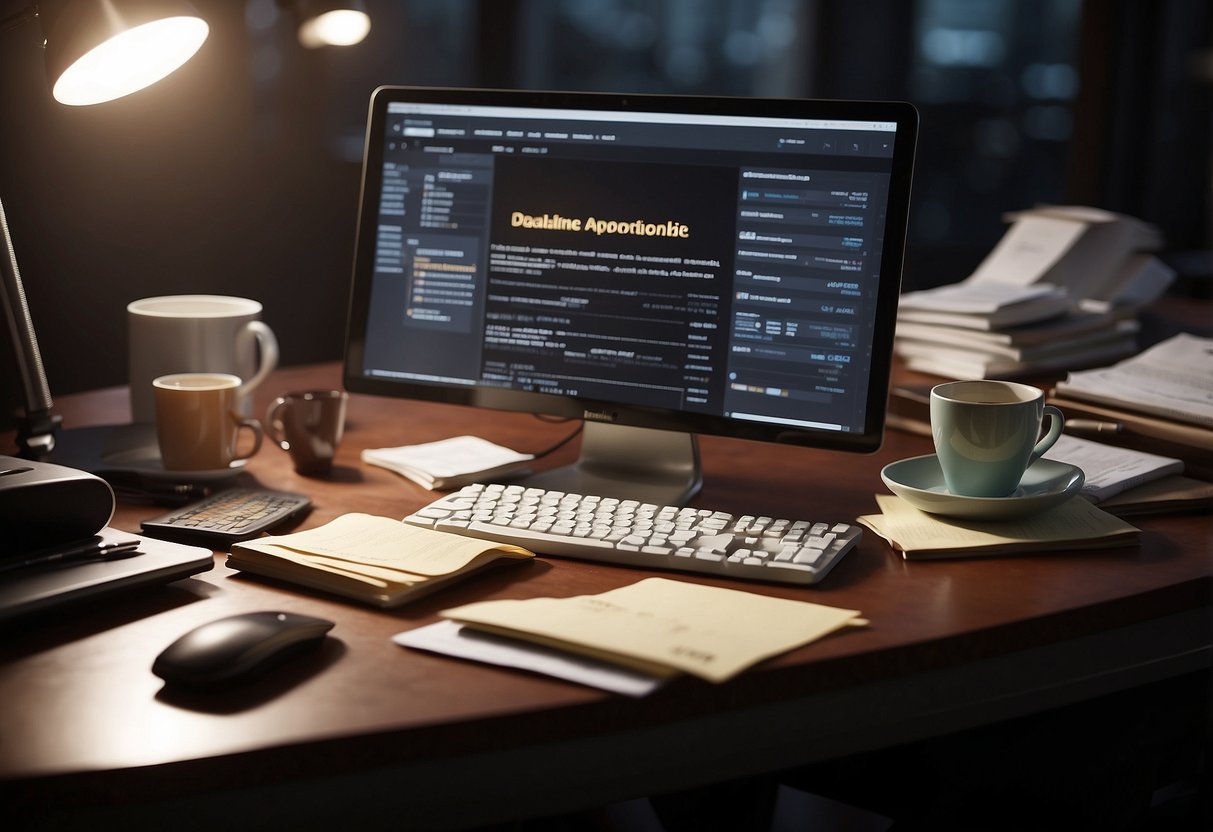 A cluttered desk with a computer screen showing a deadline approaching, scattered papers, and a cup of coffee. The surroundings are dimly lit, and there is a sense of tension in the air