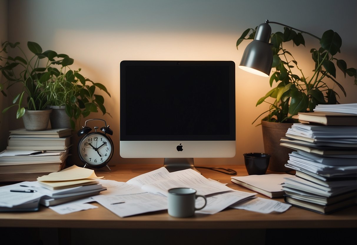 A cluttered desk with a computer, overflowing inbox, and scattered papers. A clock on the wall shows late hours. A neglected potted plant wilts in the corner