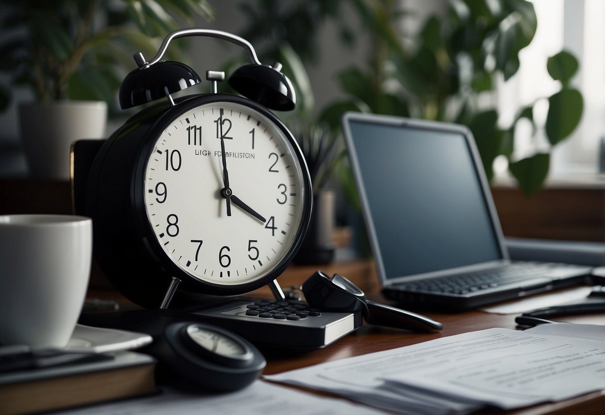 A cluttered desk with scattered papers and a neglected plant. A clock showing late hours. Empty coffee cups and a tired computer screen