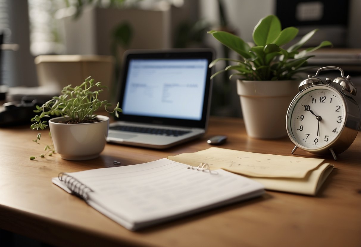 A cluttered desk with unfinished tasks, a clock showing late hours, an overflowing inbox, and a neglected to-do list. An empty coffee mug and a tired-looking plant add to the sense of neglect and overwhelm