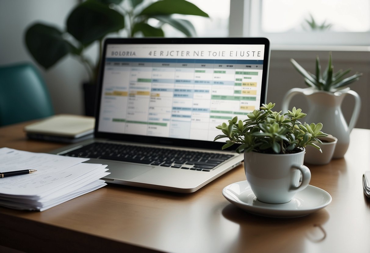 A desk cluttered with work papers, a calendar with deadlines, a laptop displaying a to-do list, a cup of coffee, and a plant symbolizing resilience