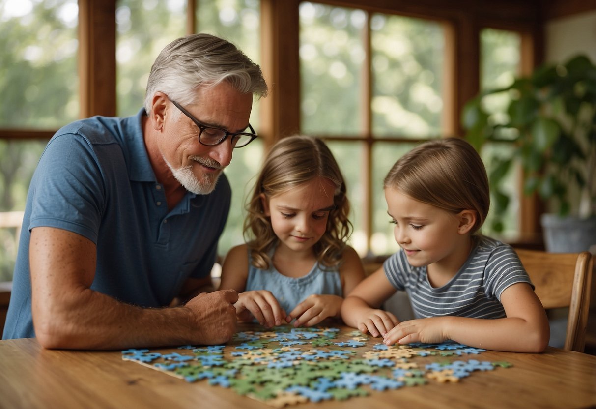 A family sitting around a table, each member engaged in a different activity: one reading, another working on a puzzle, and another writing in a journal. Outside the window, a serene natural setting