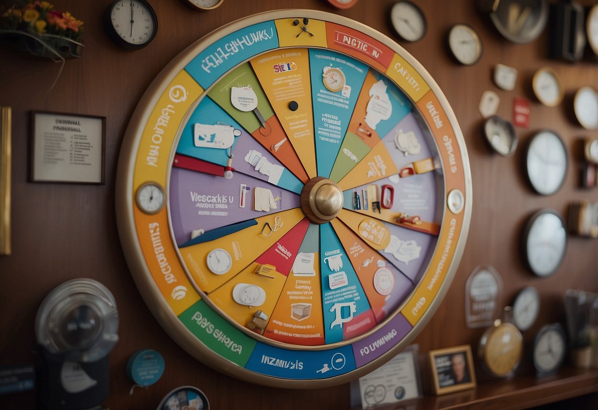 A colorful chore wheel hangs on the wall, surrounded by symbols of household tasks. Each section is labeled with a different chore, such as dishes, laundry, and vacuuming