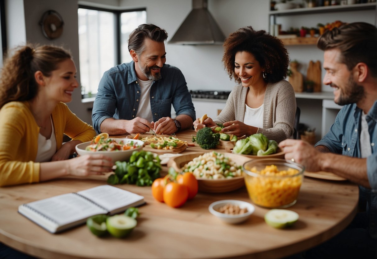 A family sits around a table, brainstorming and writing down meal ideas on a whiteboard. There are colorful ingredients and cookbooks scattered around, creating a cozy and collaborative atmosphere