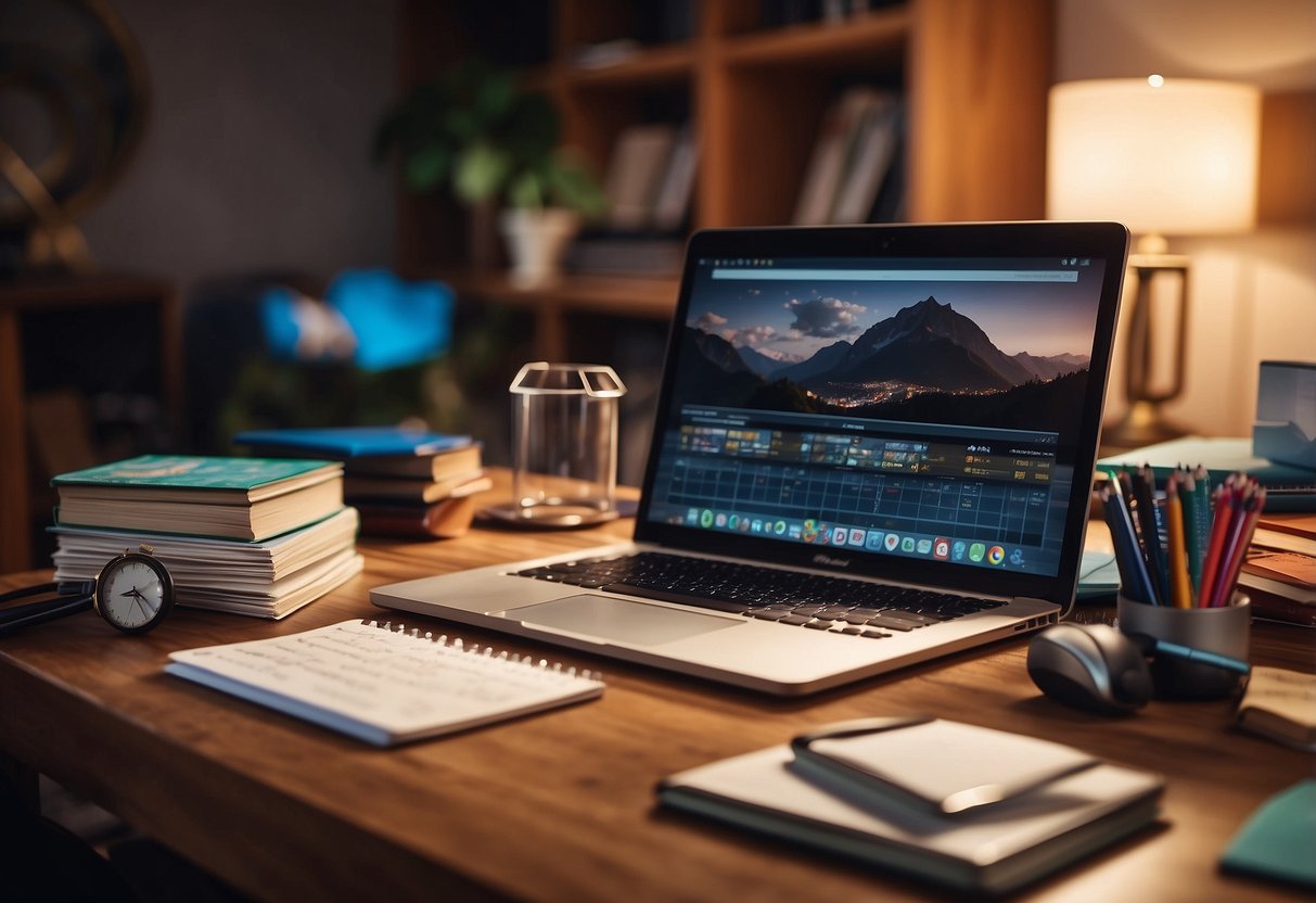 A desk with a laptop and a calendar, surrounded by a circle of family activities like sports equipment, board games, and art supplies