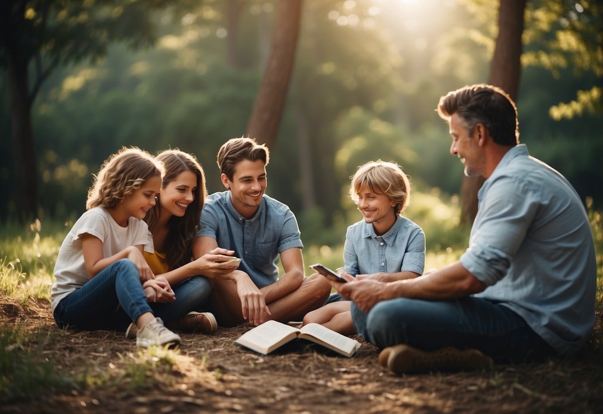 A family sitting together, surrounded by nature, engaging in activities such as reading, playing games, or enjoying a meal, with no electronic devices in sight