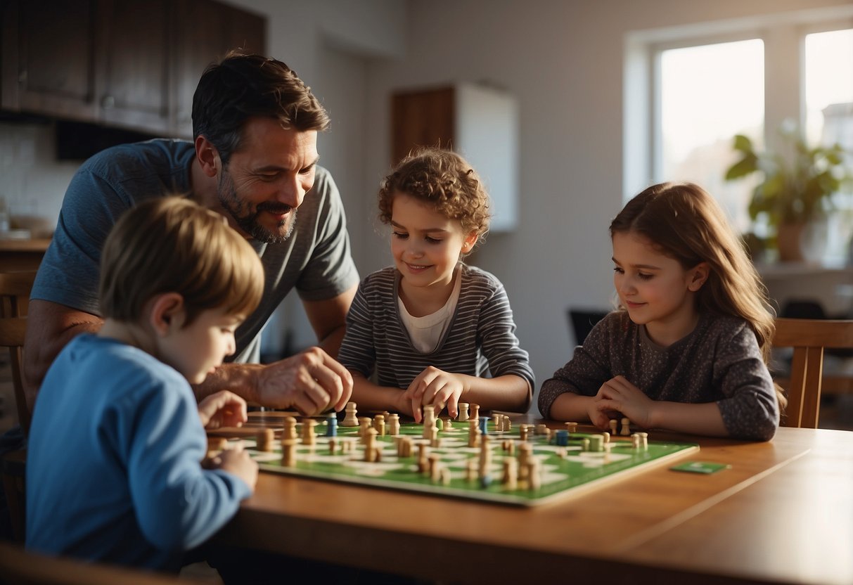 A family sits around a table, each member engaged in an activity. A parent reads a book, while a child works on a puzzle, and another plays a board game. The atmosphere is calm and harmonious