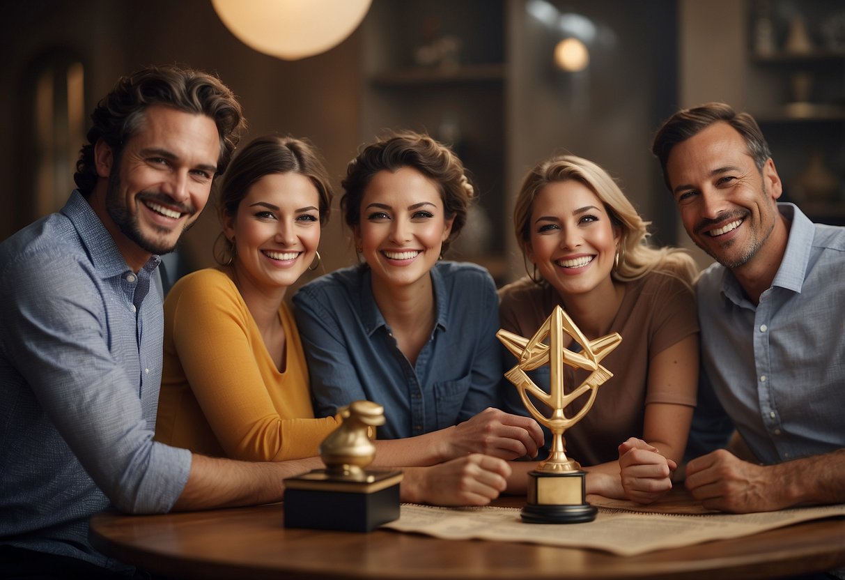 A family gathering around a table, each member holding a different symbol of their achievements (e.g. diploma, trophy, artwork). Smiles and laughter fill the room as they bond over their successes