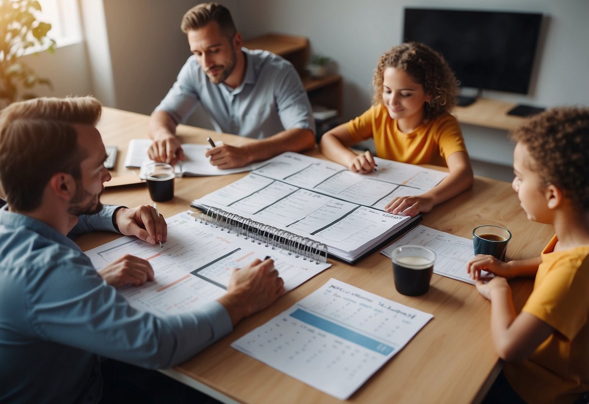 A family sitting around a table, discussing schedules and responsibilities. A calendar and to-do list are visible, along with a sense of collaboration and support