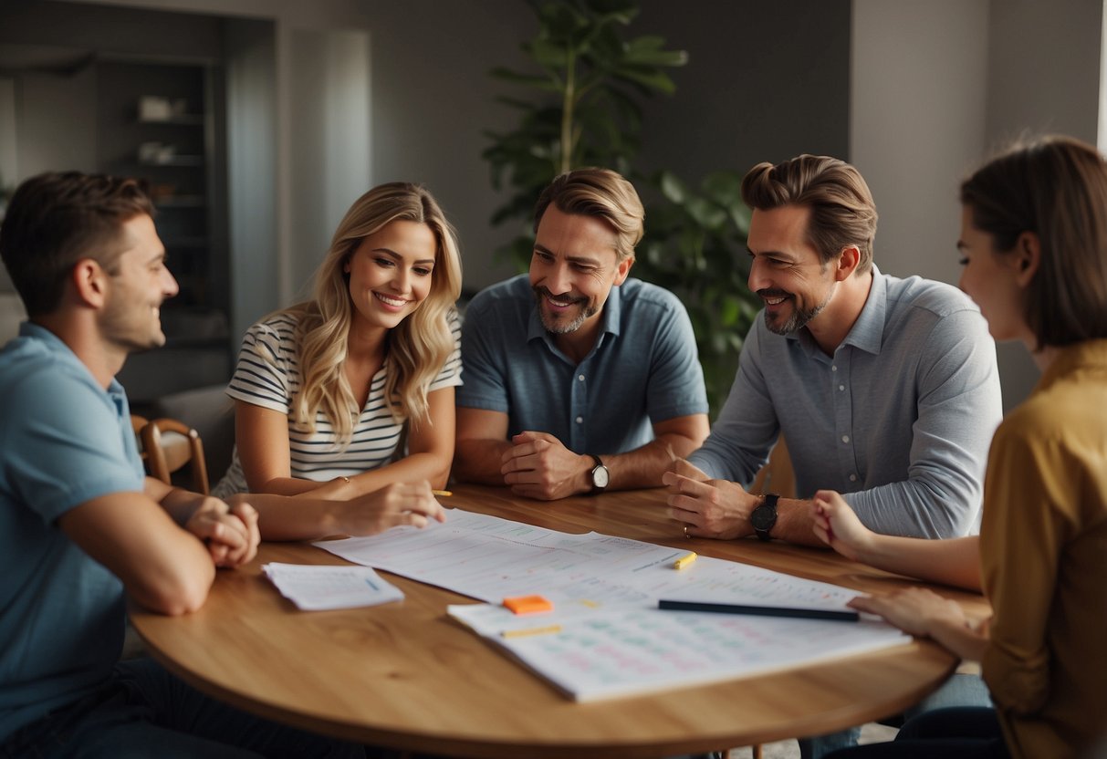 A family sitting around a table, discussing schedules and responsibilities. A calendar and to-do list are visible, and everyone is engaged in the conversation