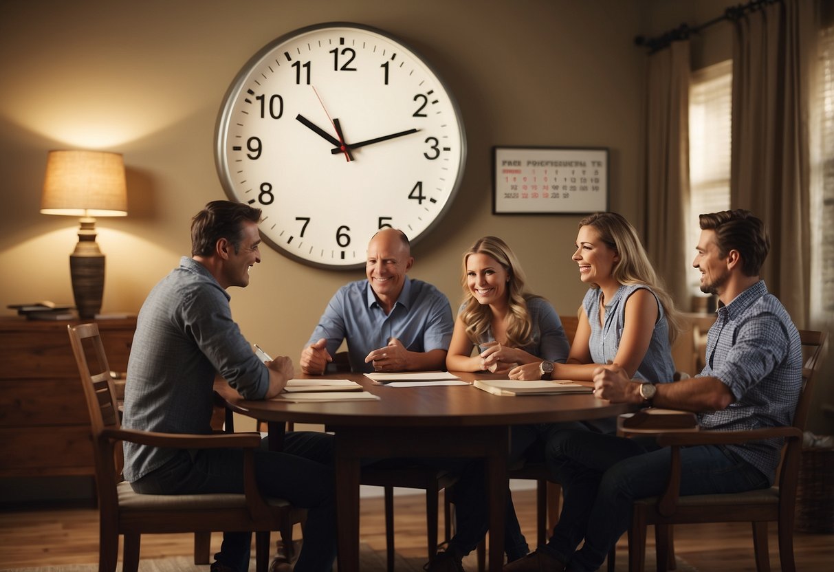 A family sitting around a table, discussing and planning with a calendar and agenda in front of them. A clock on the wall shows the passing time