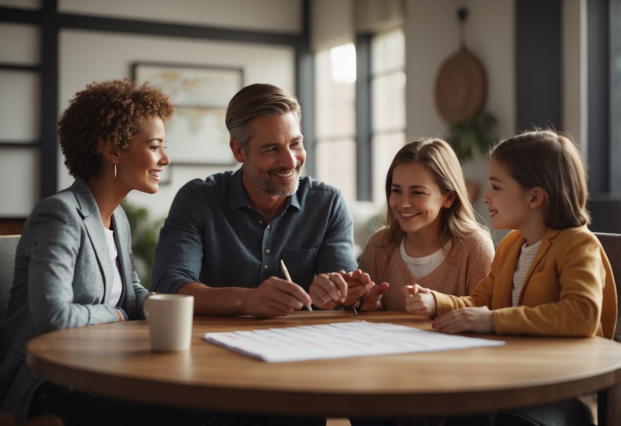 A family sitting around a table, passing a talking stick to take turns sharing ideas. A calendar and to-do list on the wall, symbolizing organization and balance