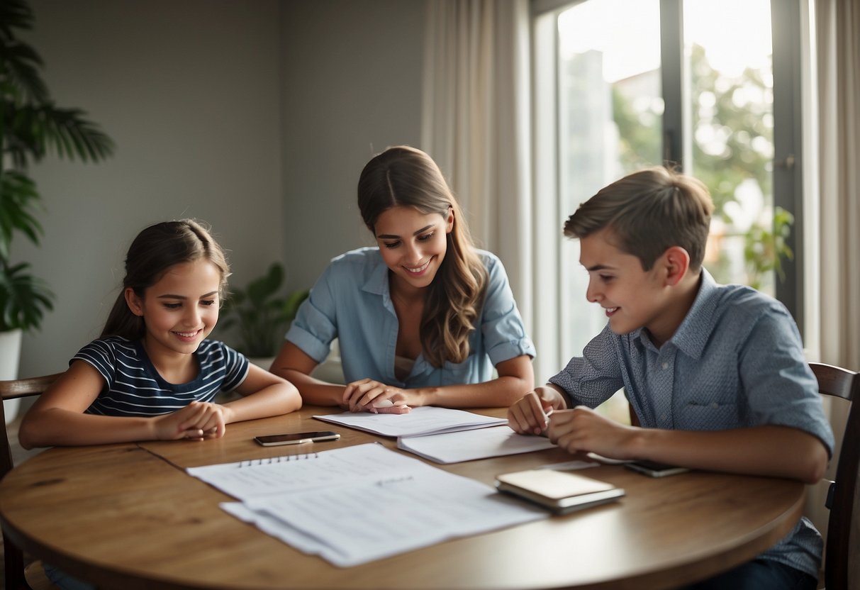 A family sitting around a table, engaged in open communication. A calendar and to-do list are visible, indicating a focus on work-life balance