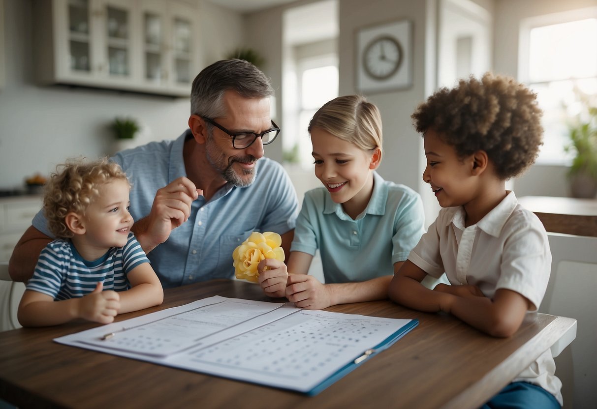 A family sitting around a table with a timer set for 30 minutes, a calendar on the wall, and a list of 7 strategies for improving work-life balance