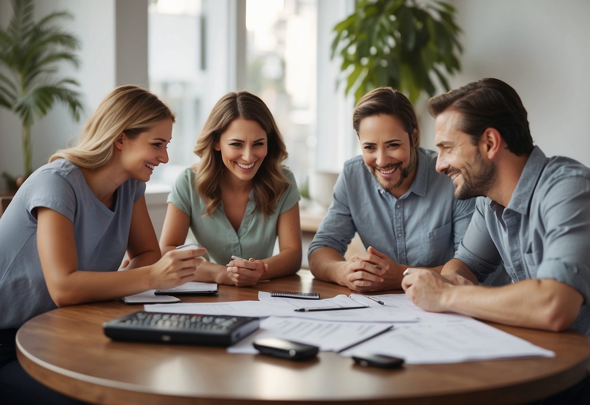 A family sitting around a table, discussing and planning with a calendar, to-do list, and communication devices