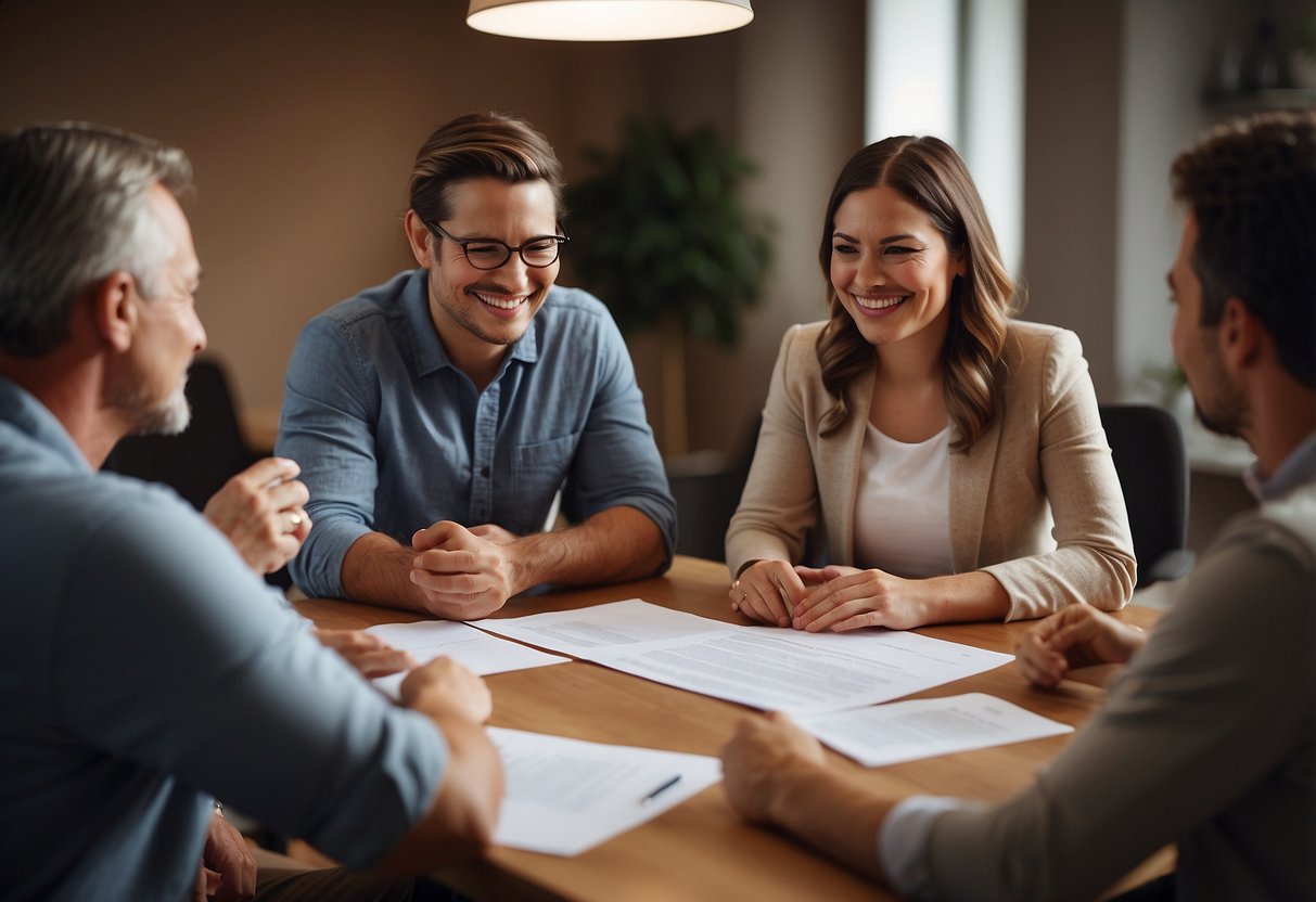 A family gathering around a table, smiling and engaged in conversation. A person holding a career-related document, while others listen attentively