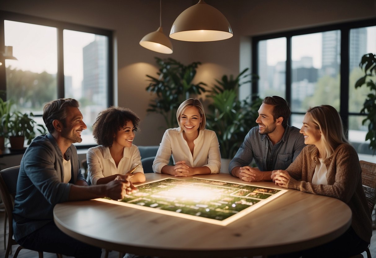 A family sitting around a table, discussing career goals. A supportive atmosphere with nods and smiles. A vision board or list of goals displayed