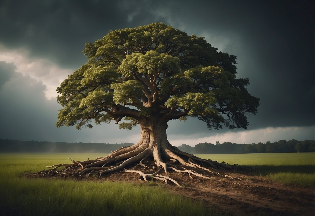 A sturdy oak tree stands tall amidst a raging storm, its roots firmly anchored in the ground, while smaller trees lean on it for support