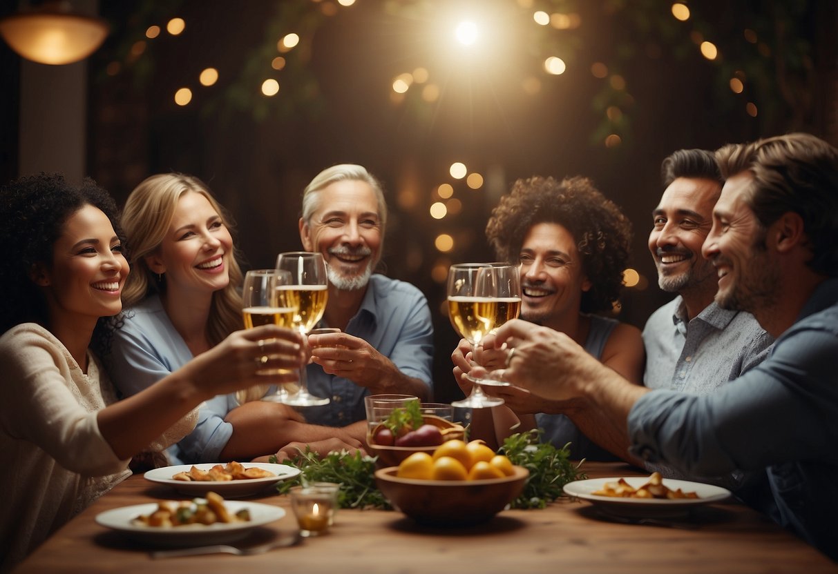 A family gathered around a table, raising their glasses in a toast. A framed certificate or award is displayed prominently. Smiles and supportive gestures are exchanged