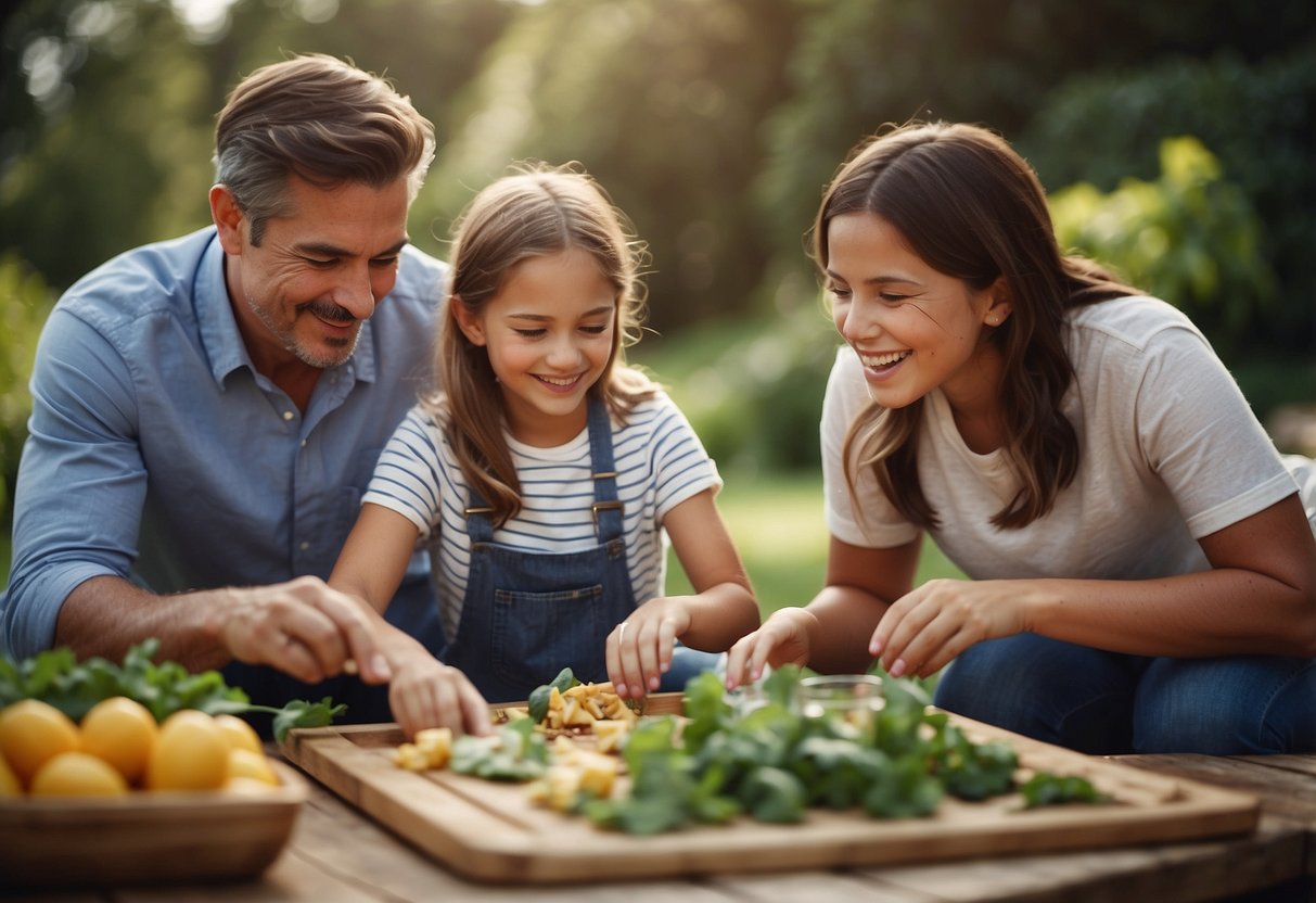 Family members engaging in activities like cooking, playing board games, gardening, and exercising together. Balancing work and family time