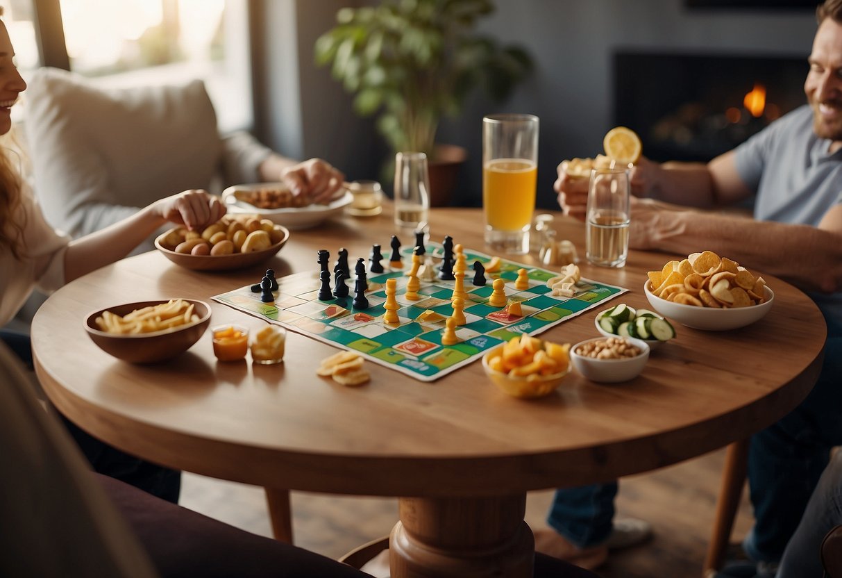 A table is set with a board game and snacks. Laughter fills the room as family members gather around, immersed in the game