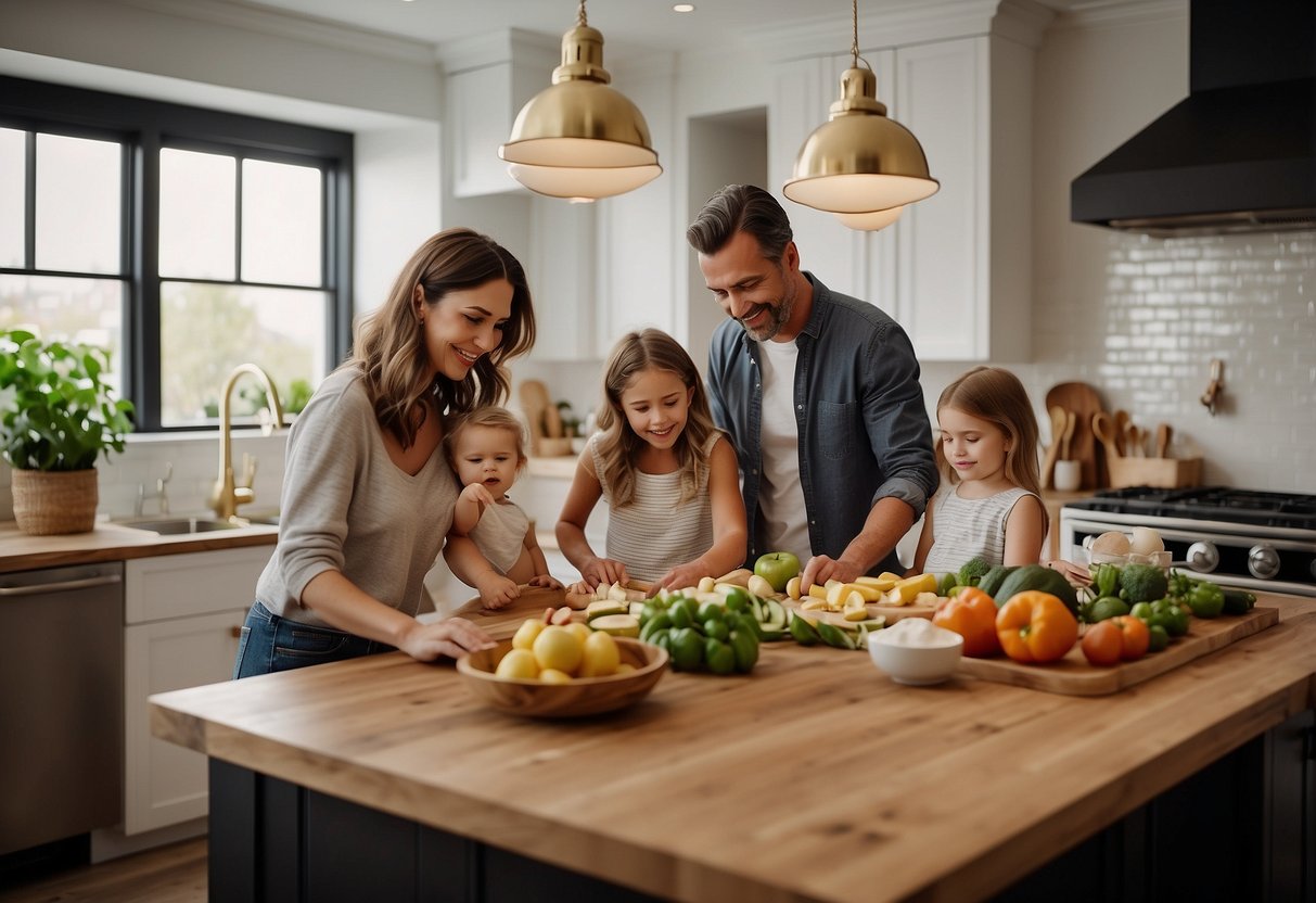 A family is gathered around a kitchen island, ingredients spread out as they work together to try out a new recipe