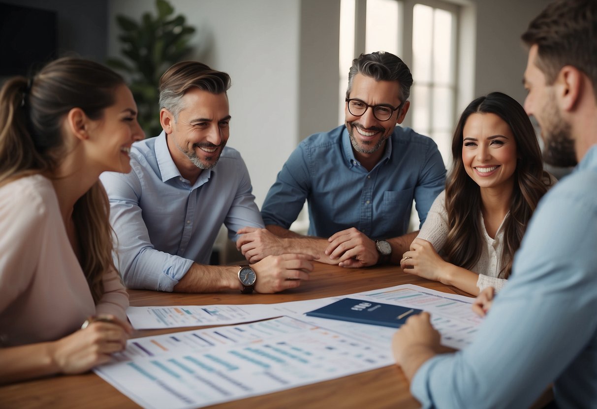 Family meeting scene: Table with schedule, calendar, and activity ideas. Family members discussing plans and bonding activities. Busy work schedules visible