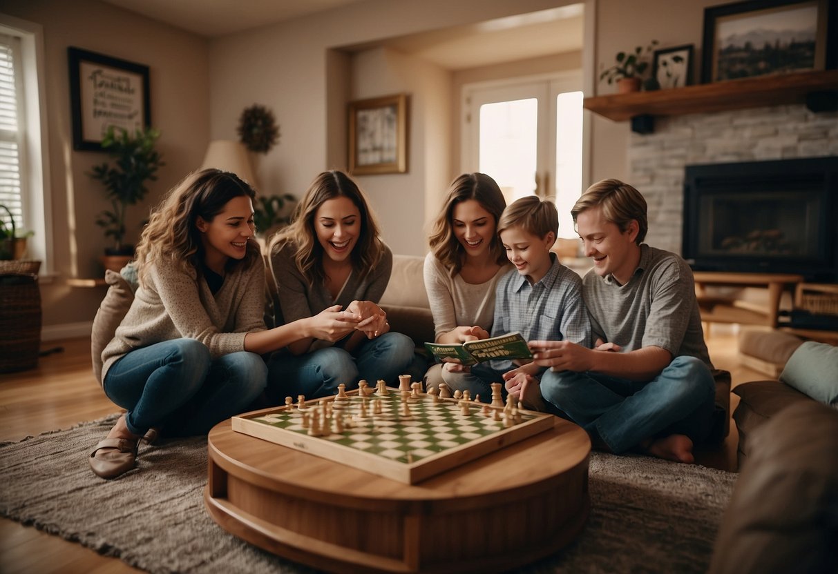 A family gathers around a cozy living room with board games, books, and crafts. Gadgets are put away as they engage in meaningful conversations and laughter, strengthening their bond