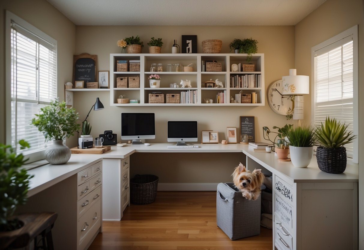 A tidy, well-organized home office with a calendar full of family activities, a fridge stocked with healthy meals, and a happy pet playing in the yard