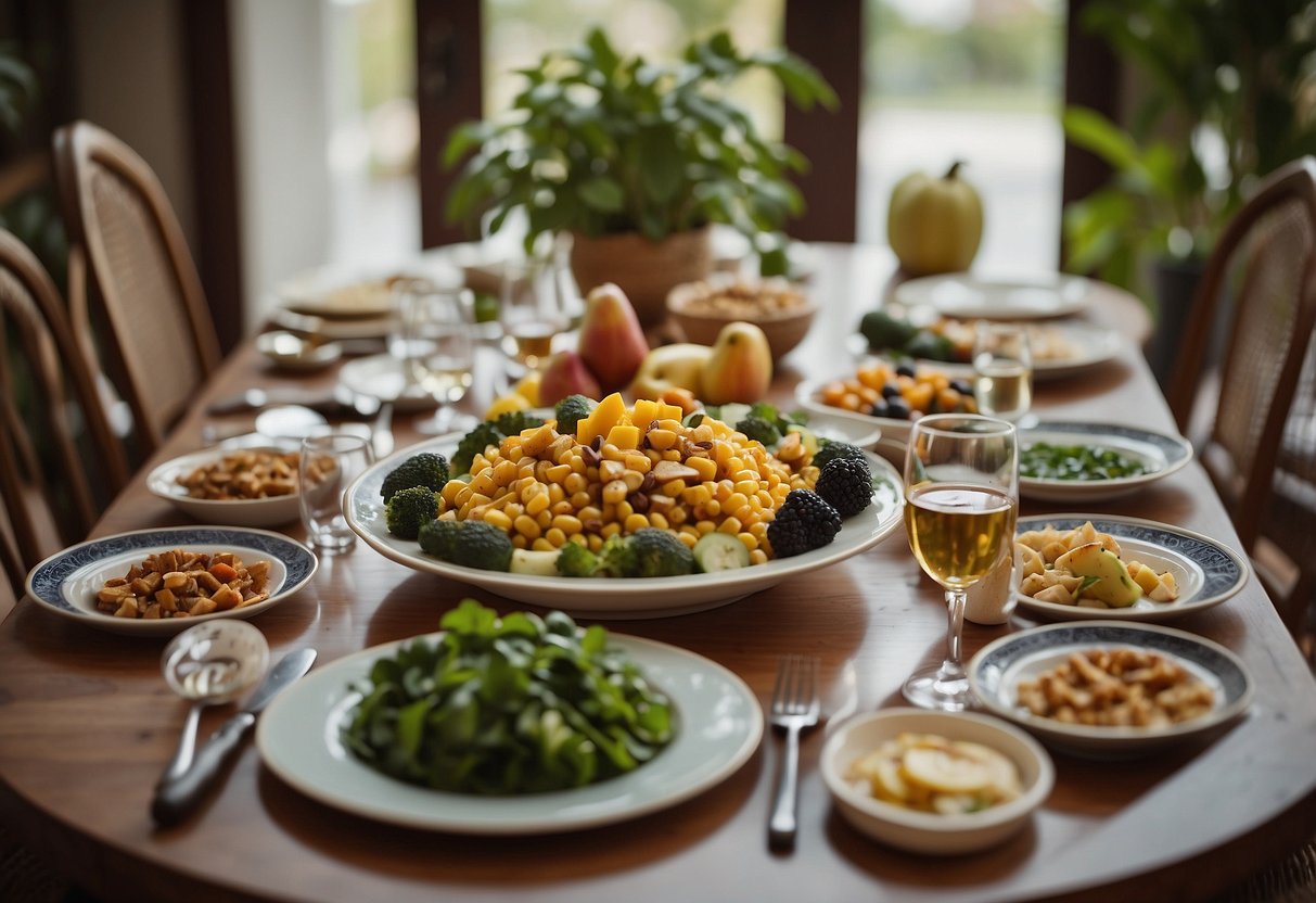 A dining table set with plates, utensils, and a variety of healthy foods. Family members are gathered around, engaging in conversation and enjoying each other's company