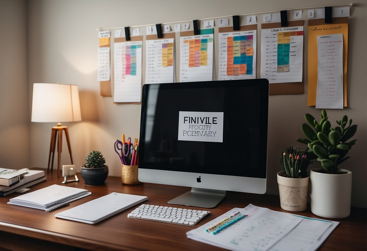 A clutter-free, organized home office with a calendar filled with family activities, a colorful chore chart, and a whiteboard with positive affirmations