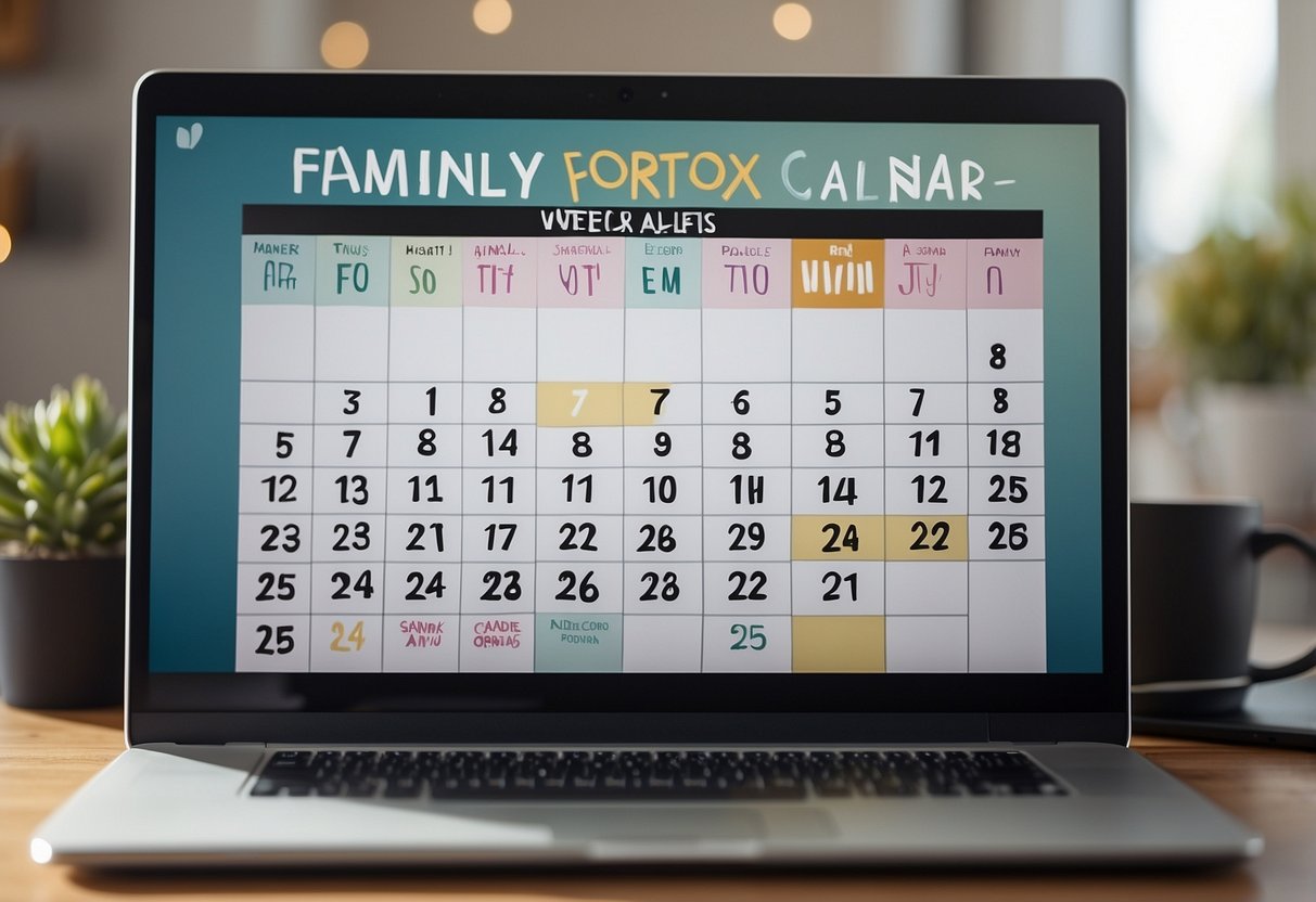 A family calendar with filled-in dates, a buzzing phone with missed calls, a laptop open to a work schedule, and a bulletin board with positive affirmations and family photos