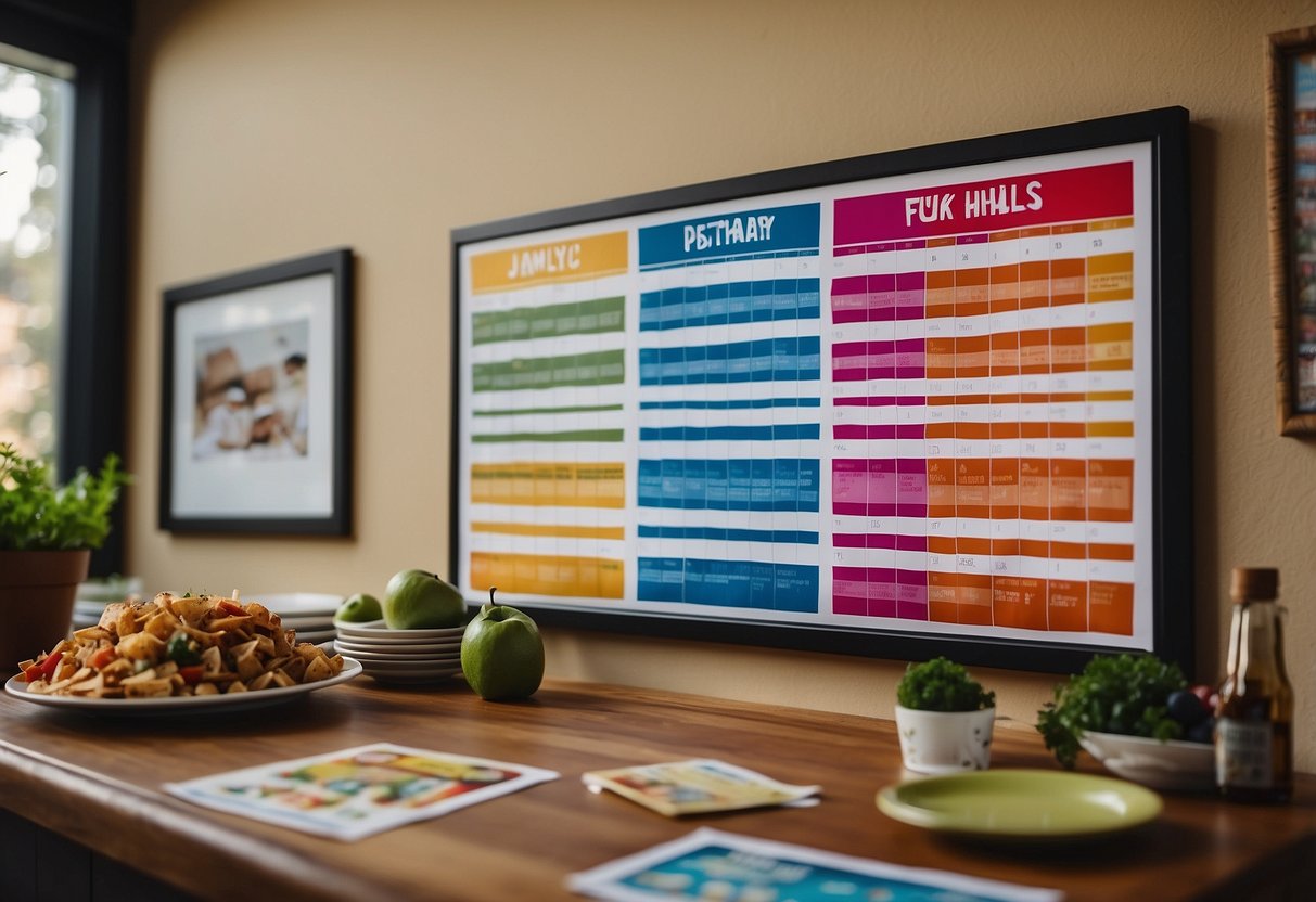 A family calendar hangs on the wall, filled with color-coded events and activities. A dinner table is set with healthy meals and laughter fills the air. A stack of board games sits nearby, ready for a fun evening together