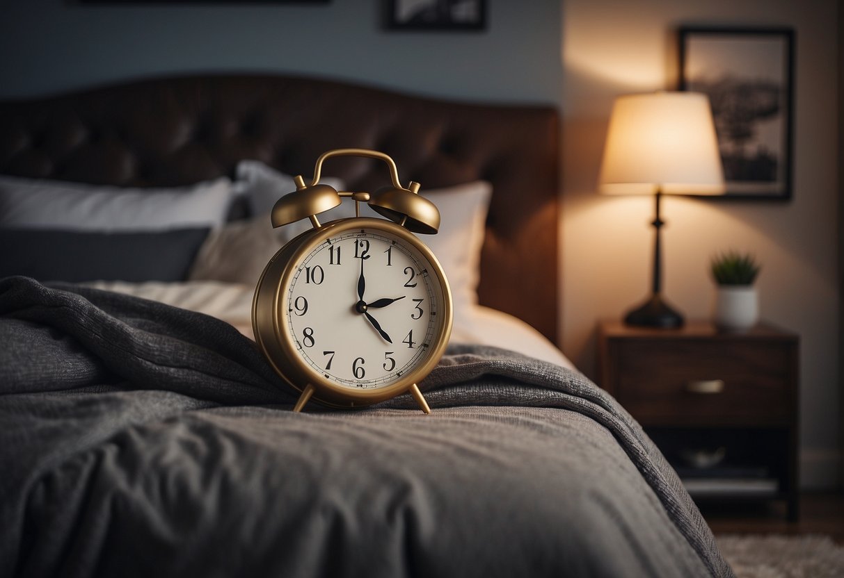 A cozy bedroom with soft lighting, a neatly made bed, and a clock showing a reasonable bedtime hour. A serene atmosphere with no signs of stress or chaos