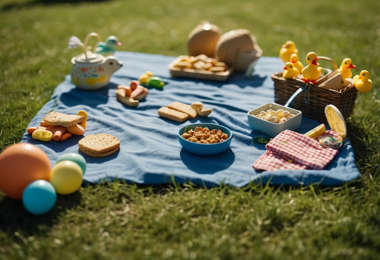 A picnic blanket spread out on a lush green lawn, surrounded by a scattering of toys and snacks. A kite flies high in the blue sky, while a family of ducks waddles by a nearby pond