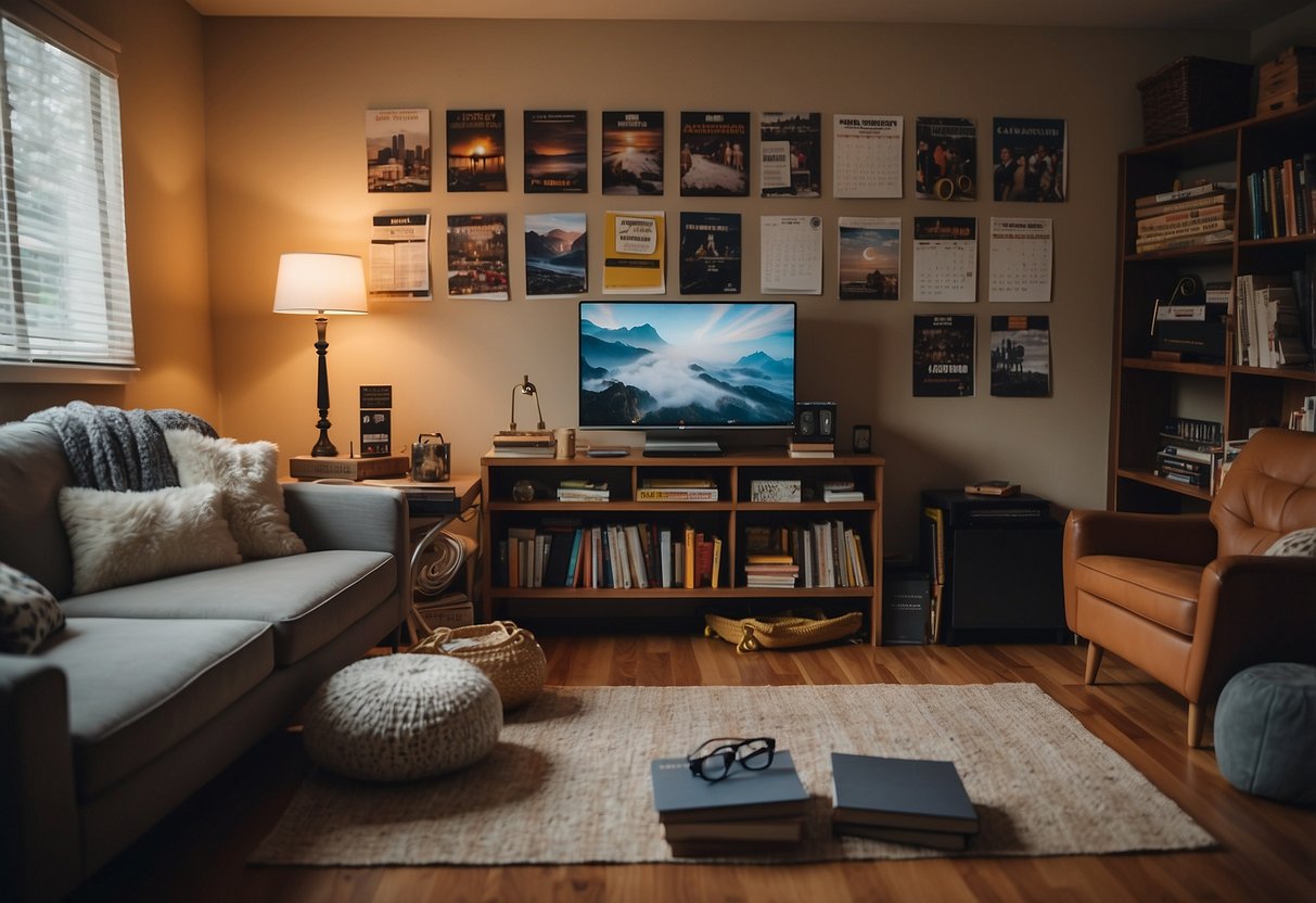 A cozy living room with books, a laptop, and school supplies scattered on the table. A calendar on the wall shows a packed schedule but also notes of encouragement and achievement. The atmosphere is warm and inviting, showcasing a thriving family despite their busy work