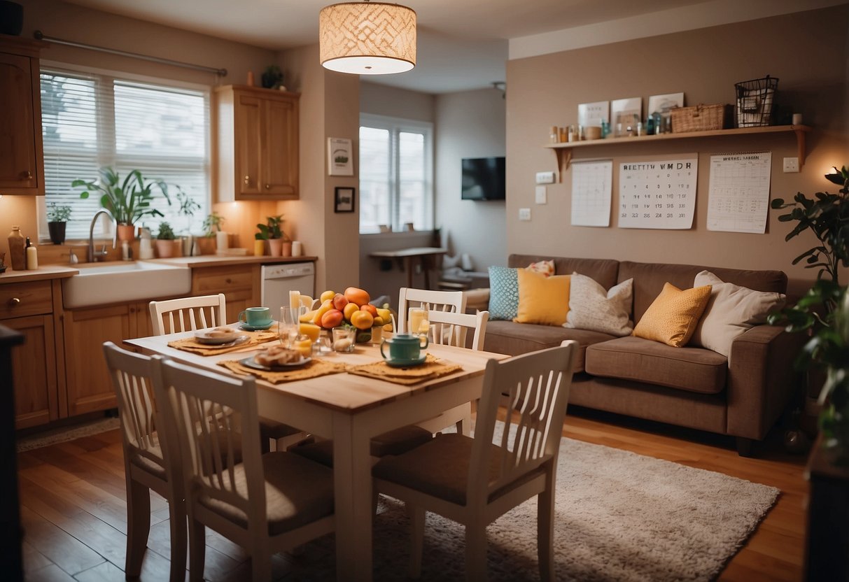 A cozy living room with a warm, inviting atmosphere. A family calendar on the wall, filled with colorful activities and events. A well-organized kitchen with healthy snacks and a family dinner table set for a meal together