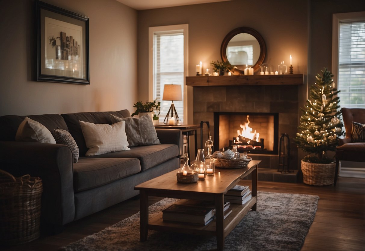 A cozy living room with a warm fireplace, comfortable seating, and a bookshelf filled with well-loved books. A table is set for a family dinner, and a calendar on the wall is filled with upcoming events and activities