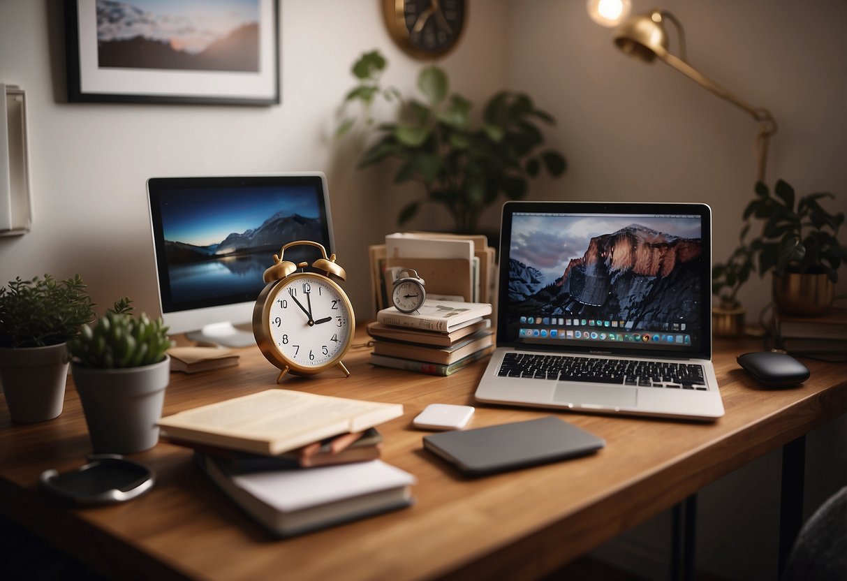 A bustling home office with a laptop and family photos. A clock on the wall shows a balance of work and family time. Toys and books are neatly organized in the background