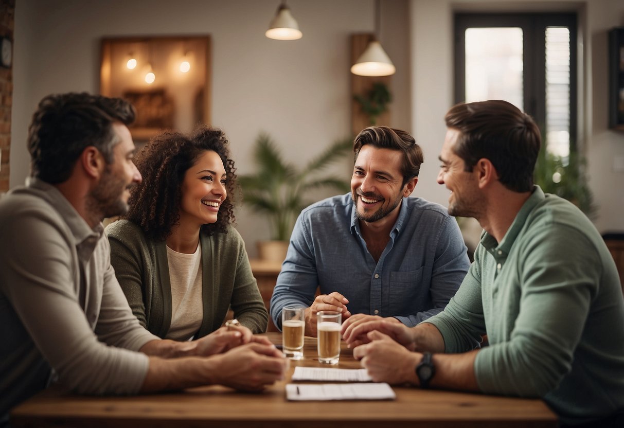 A family sitting around a table, engaged in conversation and laughter. A calendar on the wall shows scheduled check-ins. A cozy, welcoming atmosphere with a balance of work and family life