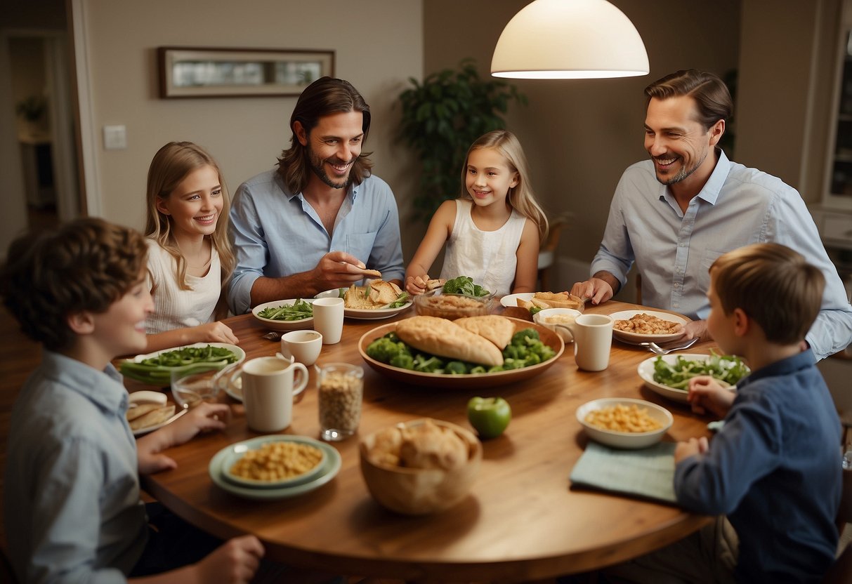 A family gathered around a table, sharing a meal and engaging in conversation. A calendar on the wall displays upcoming family events and activities. A warm and inviting atmosphere is depicted, with smiles and laughter filling the room