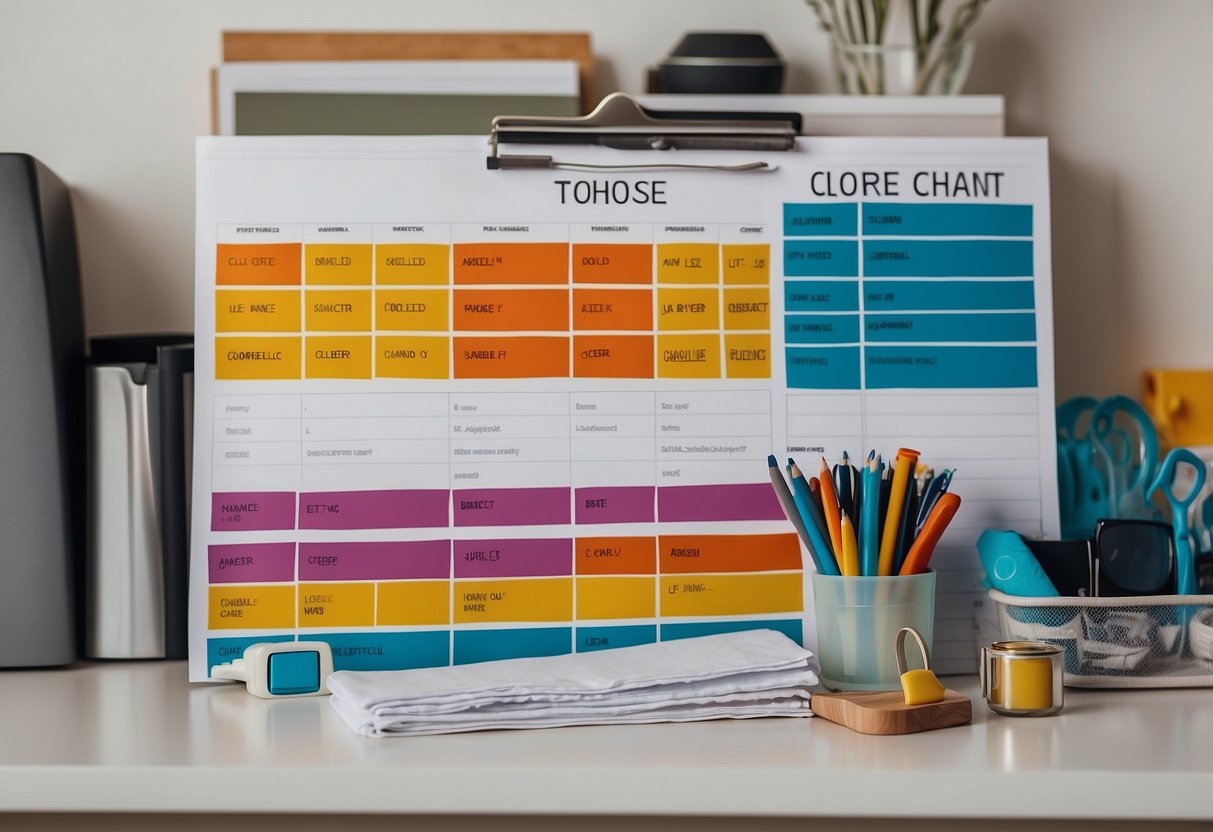 A clean, organized home with labeled chore charts, color-coded schedules, and designated areas for each task. Family members working together, sharing responsibilities for a balanced household