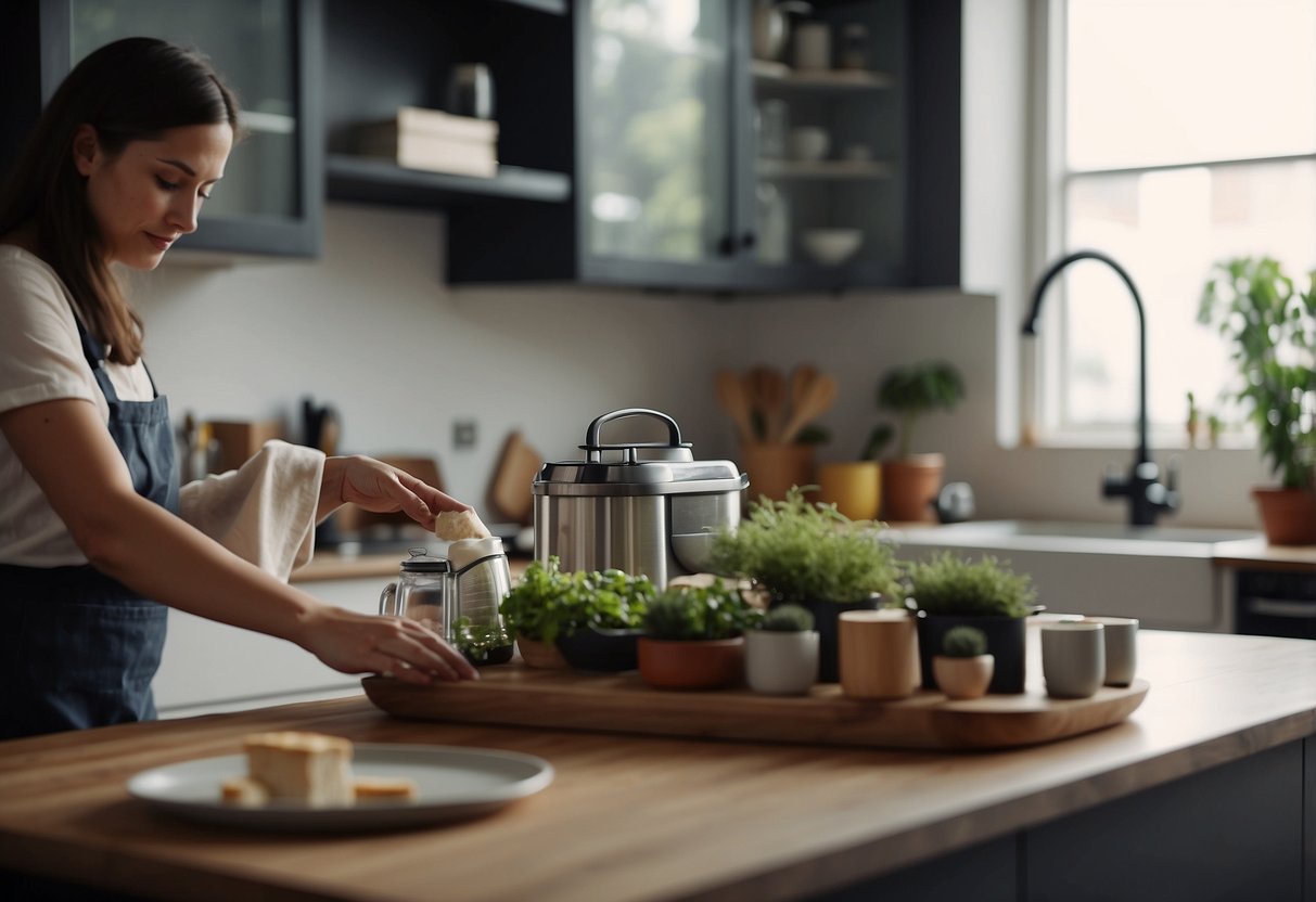 Various household tasks being passed from one person to another, creating a sense of balance and shared responsibility