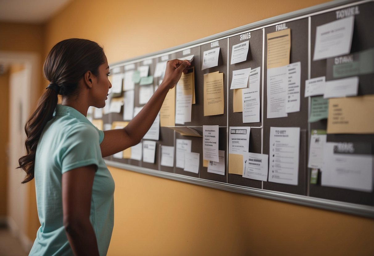 A bulletin board with labeled sections for tracking household tasks, and a person handing off tasks to others