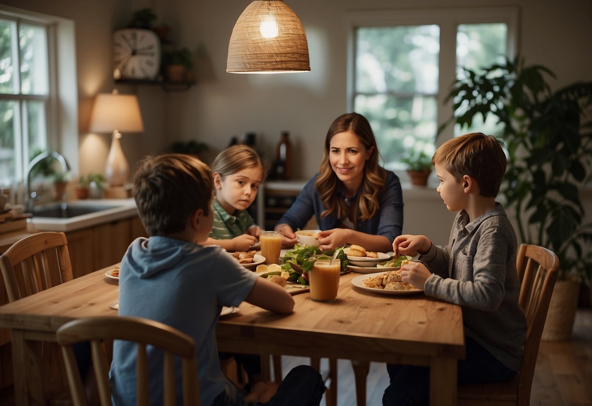 A family sitting around a dinner table, with laptops and notebooks nearby. A clock on the wall shows the time as 6:00 PM. A parent is helping a child with homework while another is preparing dinner