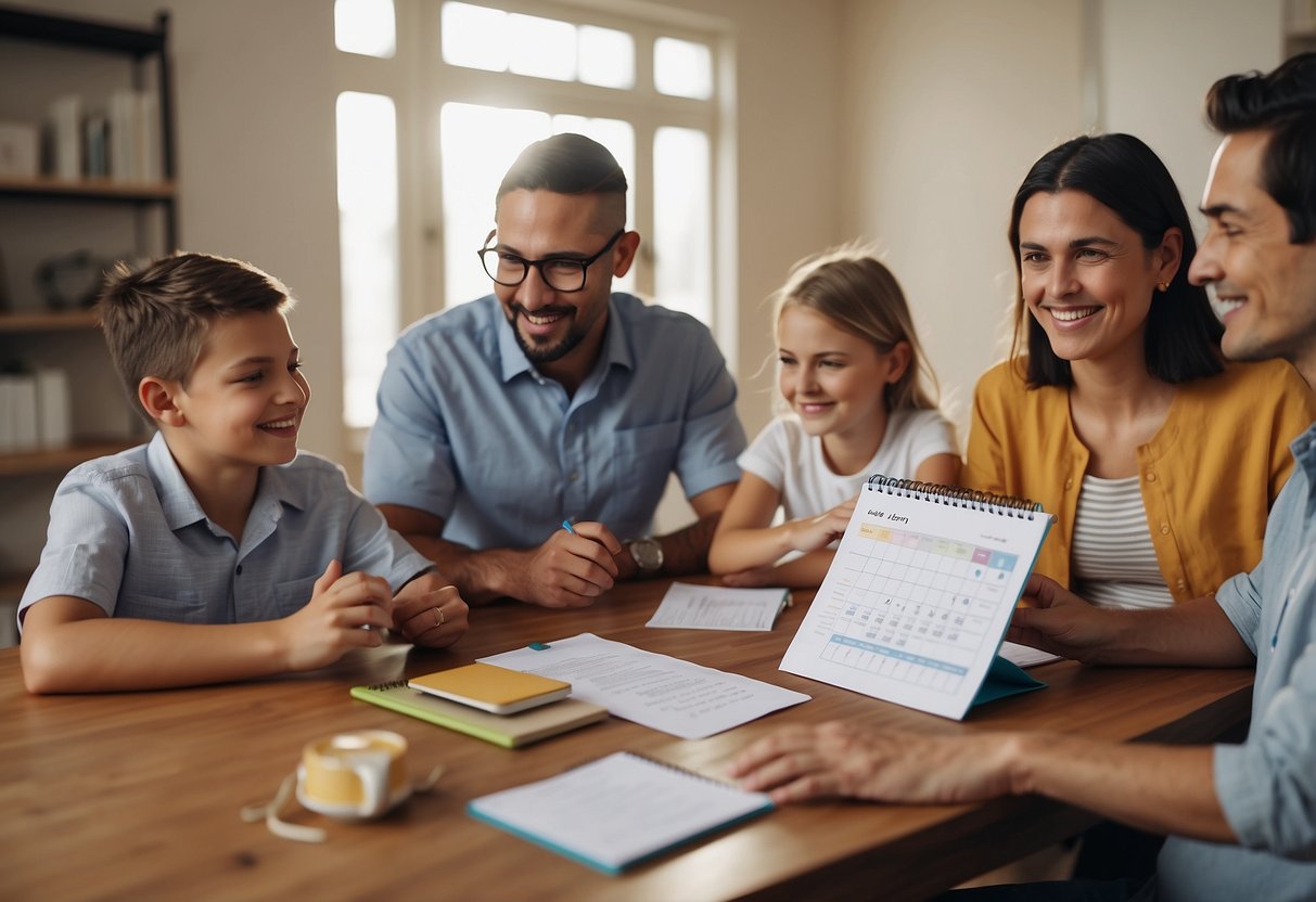 A family gathers around a table, discussing schedules and activities. A calendar and to-do list are visible, along with a clock showing a balance of work and leisure time