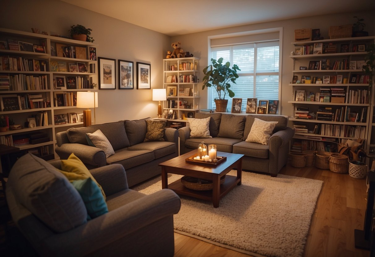 A cozy living room with a table set up for a family hobby, surrounded by shelves of art supplies and board games, with warm lighting and comfortable seating for everyone to enjoy