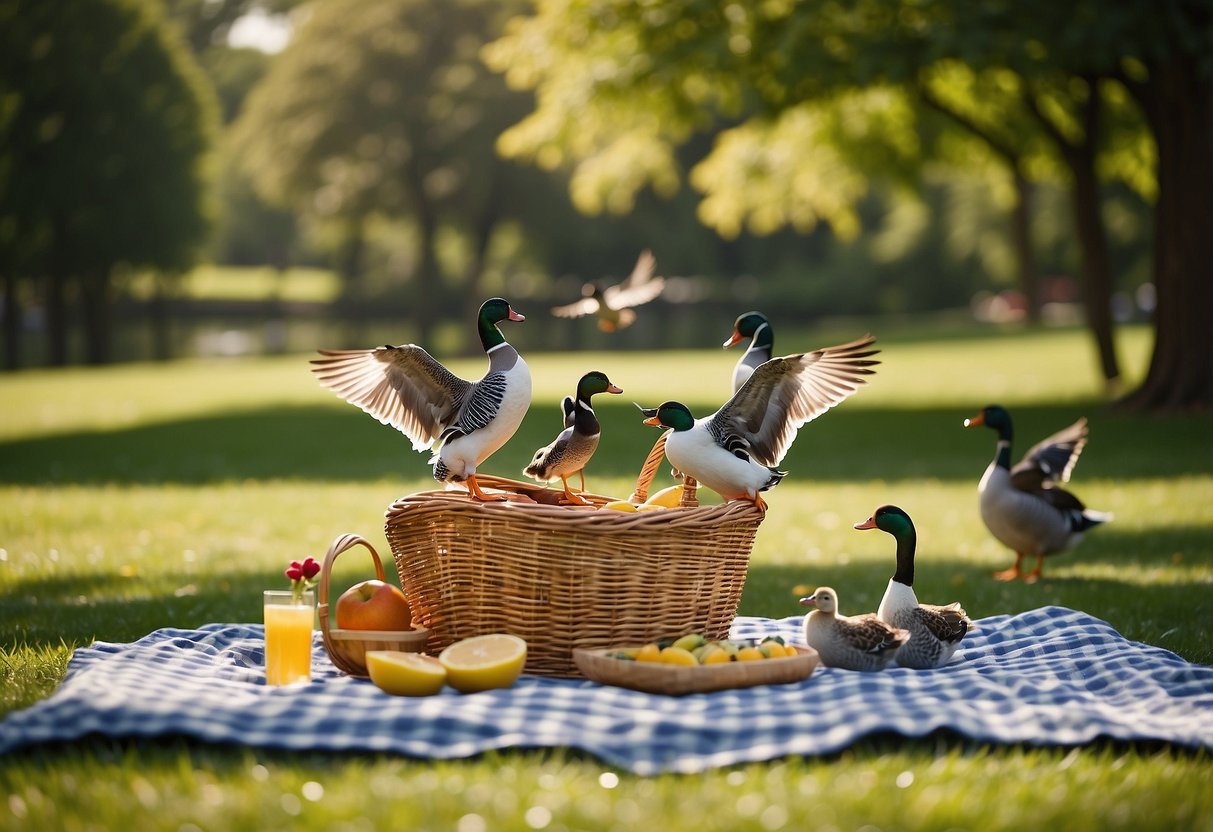 A family picnic in a park with a checkered blanket, a wicker basket, and a frisbee flying through the air. A family of ducks swims in a nearby pond